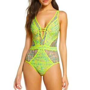 BECCA Color Play Crochet Plunge-Neck One-Piece Swimsuit L